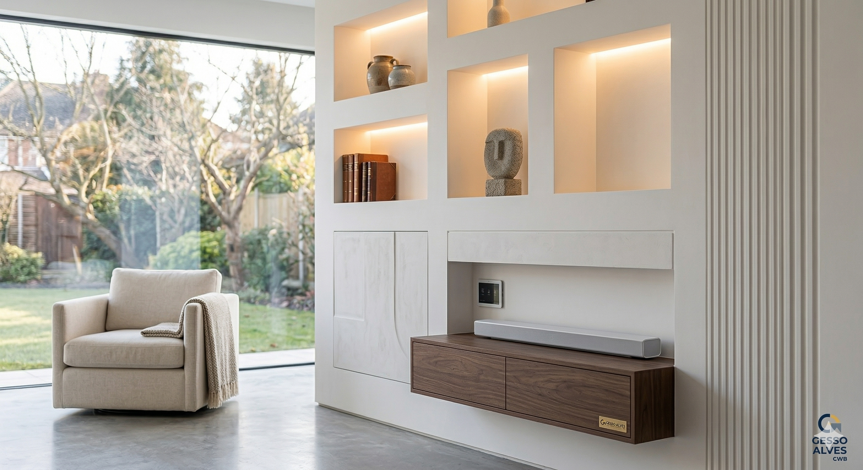 Nicho e painel de TV em gesso sob medida em sala de alto padrão